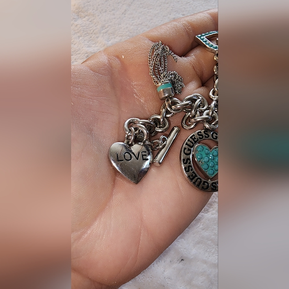 GUESS Silver-Tone Turquoise Heart & Charm Toggle Bracelet - Picture 8 of 11